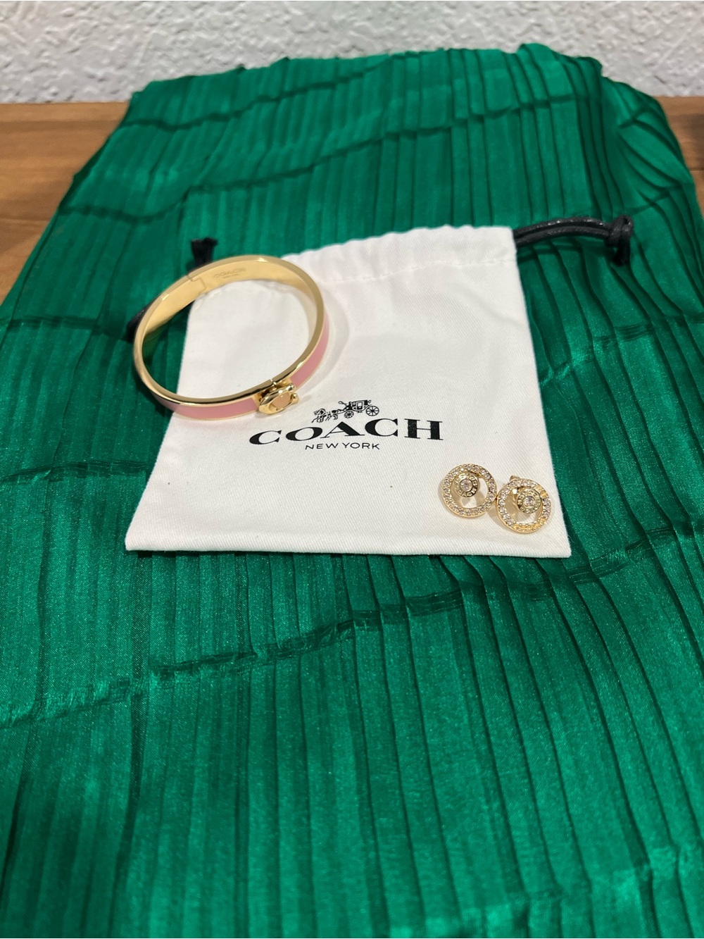 Coach bangle bracelet and earrings gold and pink